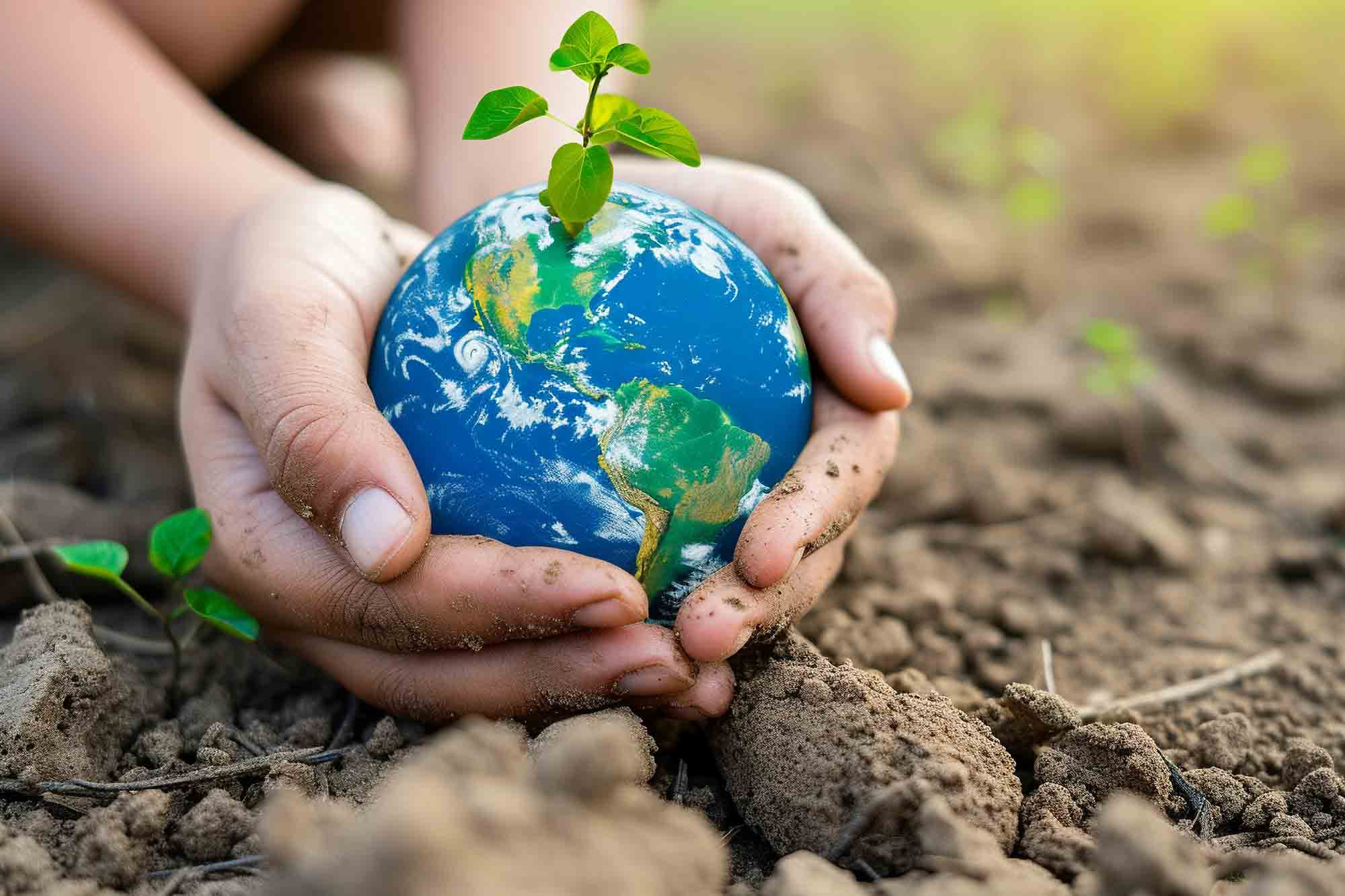 Hands holding earth globe with green plant in the soil. Save the world concept